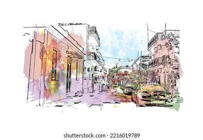 Building view with landmark of Patras is the 
city in Greece. Watercolor splash with hand  drawn sketch illustration in vector.