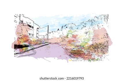 Building view with landmark of Patras is the 
city in Greece. Watercolor splash with hand  drawn sketch illustration in vector.