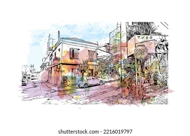 Building view with landmark of Patras is the 
city in Greece. Watercolor splash with hand  drawn sketch illustration in vector.