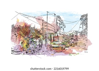 Building view with landmark of Patras is the 
city in Greece. Watercolor splash with hand  drawn sketch illustration in vector.