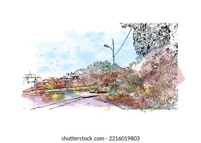 Building view with landmark of Patras is the 
city in Greece. Watercolor splash with hand  drawn sketch illustration in vector.