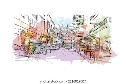 Building view with landmark of Patras is the 
city in Greece. Watercolor splash with hand  drawn sketch illustration in vector.