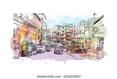 Building view with landmark of Patras is the 
city in Greece. Watercolor splash with hand  drawn sketch illustration in vector.