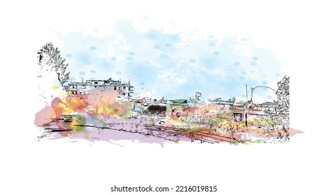 Building view with landmark of Patras is the 
city in Greece. Watercolor splash with hand  drawn sketch illustration in vector.