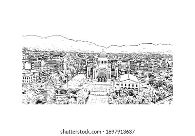 Building view with landmark of Patras is Greece's third-largest city and the regional capital of Western Greece. Hand drawn sketch illustration in vector.