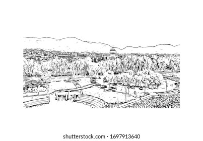 Building view with landmark of Patras is Greece's third-largest city and the regional capital of Western Greece. Hand drawn sketch illustration in vector.