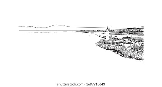 Building view with landmark of Patras is Greece's third-largest city and the regional capital of Western Greece. Hand drawn sketch illustration in vector.