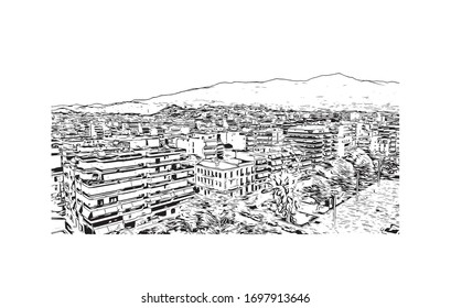 Building view with landmark of Patras is Greece's third-largest city and the regional capital of Western Greece. Hand drawn sketch illustration in vector.