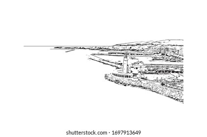 Building view with landmark of Patras is Greece's third-largest city and the regional capital of Western Greece. Hand drawn sketch illustration in vector.