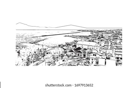 Building view with landmark of Patras is Greece's third-largest city and the regional capital of Western Greece. Hand drawn sketch illustration in vector.