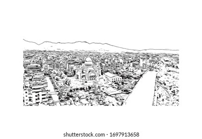 Building view with landmark of Patras is Greece's third-largest city and the regional capital of Western Greece. Hand drawn sketch illustration in vector.