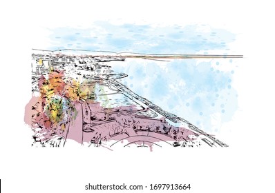 Building view with landmark of Patras is Greece's third-largest city and the regional capital of Western Greece. Watercolor splash with Hand drawn sketch illustration in vector.