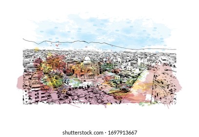 Building view with landmark of Patras is Greece's third-largest city and the regional capital of Western Greece. Watercolor splash with Hand drawn sketch illustration in vector.