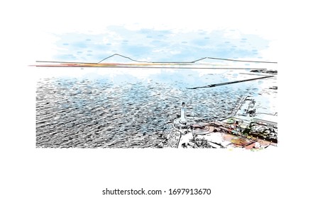 Building view with landmark of Patras is Greece's third-largest city and the regional capital of Western Greece. Watercolor splash with Hand drawn sketch illustration in vector.