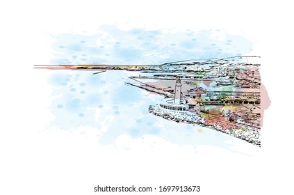 Building view with landmark of Patras is Greece's third-largest city and the regional capital of Western Greece. Watercolor splash with Hand drawn sketch illustration in vector.