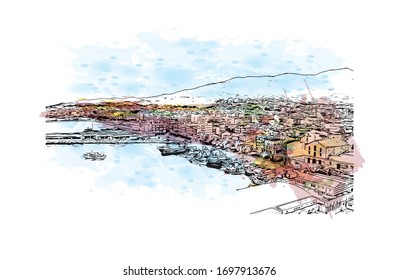 Building view with landmark of Patras is Greece's third-largest city and the regional capital of Western Greece. Watercolor splash with Hand drawn sketch illustration in vector.