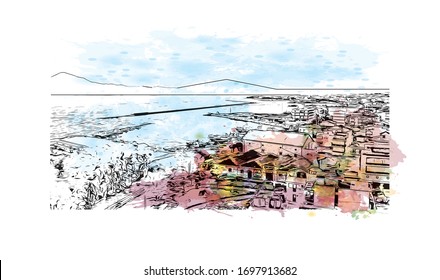 Building view with landmark of Patras is Greece's third-largest city and the regional capital of Western Greece. Watercolor splash with Hand drawn sketch illustration in vector.