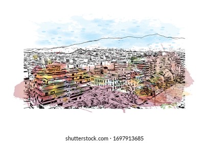 Building view with landmark of Patras is Greece's third-largest city and the regional capital of Western Greece. Watercolor splash with Hand drawn sketch illustration in vector.