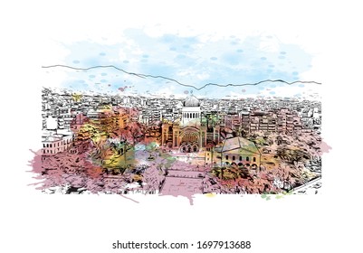 Building view with landmark of Patras is Greece's third-largest city and the regional capital of Western Greece. Watercolor splash with Hand drawn sketch illustration in vector.