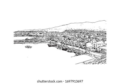 Building view with landmark of Patras is Greece's third-largest city and the regional capital of Western Greece. Hand drawn sketch illustration in vector.