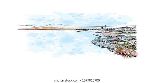 Building view with landmark of Patras is Greece's third-largest city and the regional capital of Western Greece. Watercolor splash with Hand drawn sketch illustration in vector.