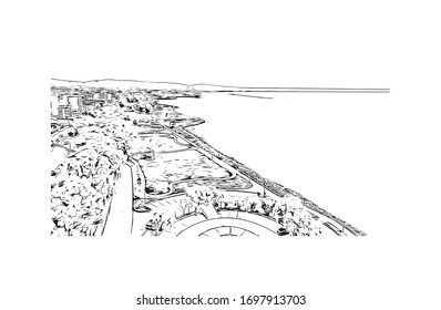 Building view with landmark of Patras is Greece's third-largest city and the regional capital of Western Greece. Hand drawn sketch illustration in vector.