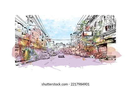 Building view with landmark of Pattaya City is the 
city in Thailand. Watercolor splash with hand drawn sketch illustration in vector.