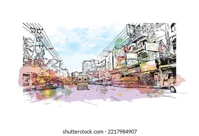 Building view with landmark of Pattaya City is the 
city in Thailand. Watercolor splash with hand drawn sketch illustration in vector.