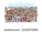 Building view with landmark of Pau is a city in southwestern France. Watercolor splash with hand drawn sketch illustration in vector.
