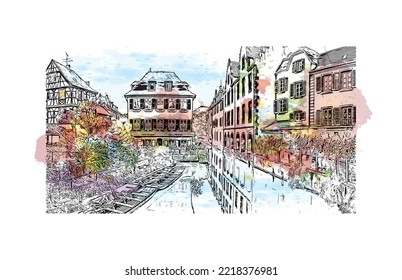 Die Stadt Pau ist eine Stadt im Südwesten Frankreichs. Aquarellspritzer mit handgezeichneter Skizzengrafik in Vektorgrafik.