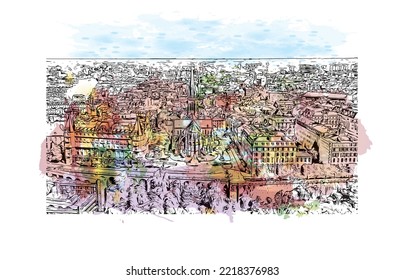 Die Stadt Pau ist eine Stadt im Südwesten Frankreichs. Aquarellspritzer mit handgezeichneter Skizzengrafik in Vektorgrafik.