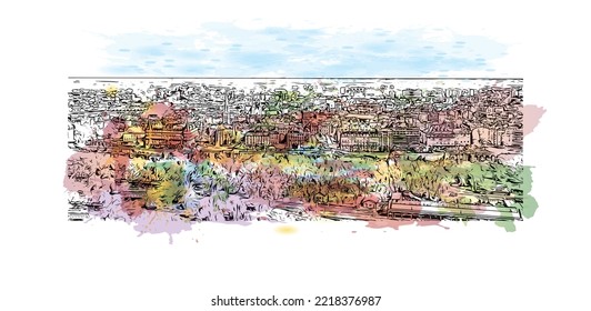 Die Stadt Pau ist eine Stadt im Südwesten Frankreichs. Aquarellspritzer mit handgezeichneter Skizzengrafik in Vektorgrafik.