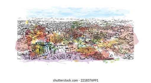 Die Stadt Pau ist eine Stadt im Südwesten Frankreichs. Aquarellspritzer mit handgezeichneter Skizzengrafik in Vektorgrafik.