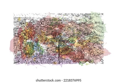 Die Stadt Pau ist eine Stadt im Südwesten Frankreichs. Aquarellspritzer mit handgezeichneter Skizzengrafik in Vektorgrafik.