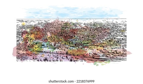 Die Stadt Pau ist eine Stadt im Südwesten Frankreichs. Aquarellspritzer mit handgezeichneter Skizzengrafik in Vektorgrafik.