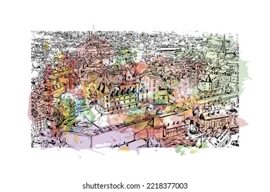 Die Stadt Pau ist eine Stadt im Südwesten Frankreichs. Aquarellspritzer mit handgezeichneter Skizzengrafik in Vektorgrafik.