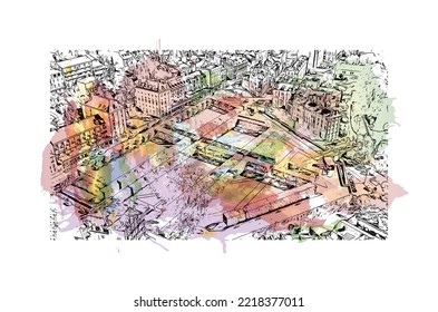 Die Stadt Pau ist eine Stadt im Südwesten Frankreichs. Aquarellspritzer mit handgezeichneter Skizzengrafik in Vektorgrafik.