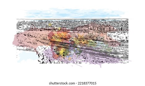 Die Stadt Pau ist eine Stadt im Südwesten Frankreichs. Aquarellspritzer mit handgezeichneter Skizzengrafik in Vektorgrafik.