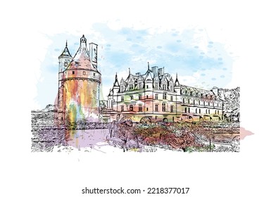 Die Stadt Pau ist eine Stadt im Südwesten Frankreichs. Aquarellspritzer mit handgezeichneter Skizzengrafik in Vektorgrafik.