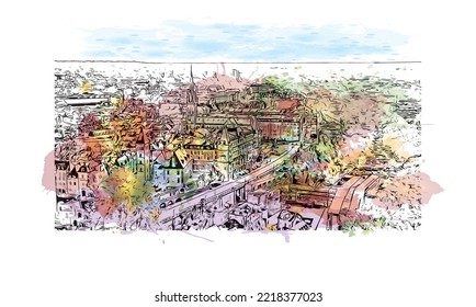 Die Stadt Pau ist eine Stadt im Südwesten Frankreichs. Aquarellspritzer mit handgezeichneter Skizzengrafik in Vektorgrafik.