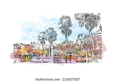 Die Stadt Pau ist eine Stadt im Südwesten Frankreichs. Aquarellspritzer mit handgezeichneter Skizzengrafik in Vektorgrafik.