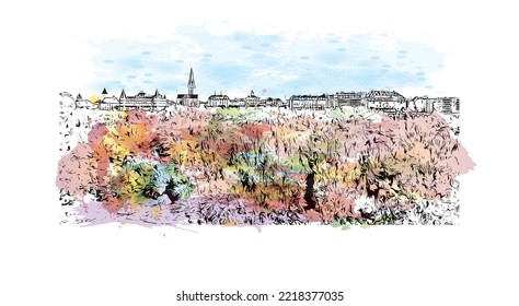 Die Stadt Pau ist eine Stadt im Südwesten Frankreichs. Aquarellspritzer mit handgezeichneter Skizzengrafik in Vektorgrafik.