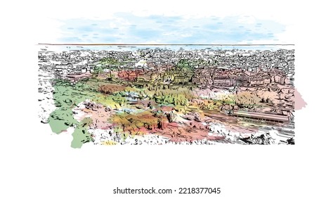 Die Stadt Pau ist eine Stadt im Südwesten Frankreichs. Aquarellspritzer mit handgezeichneter Skizzengrafik in Vektorgrafik.