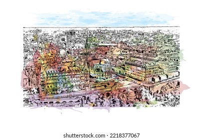 Die Stadt Pau ist eine Stadt im Südwesten Frankreichs. Aquarellspritzer mit handgezeichneter Skizzengrafik in Vektorgrafik.