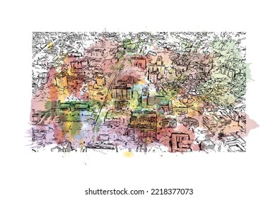 Die Stadt Pau ist eine Stadt im Südwesten Frankreichs. Aquarellspritzer mit handgezeichneter Skizzengrafik in Vektorgrafik.