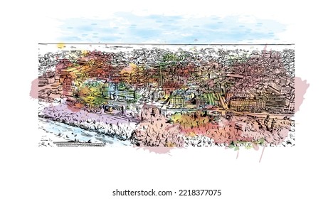 Die Stadt Pau ist eine Stadt im Südwesten Frankreichs. Aquarellspritzer mit handgezeichneter Skizzengrafik in Vektorgrafik.