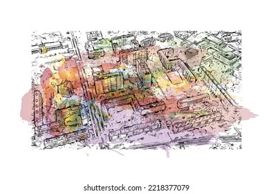 Die Stadt Pau ist eine Stadt im Südwesten Frankreichs. Aquarellspritzer mit handgezeichneter Skizzengrafik in Vektorgrafik.