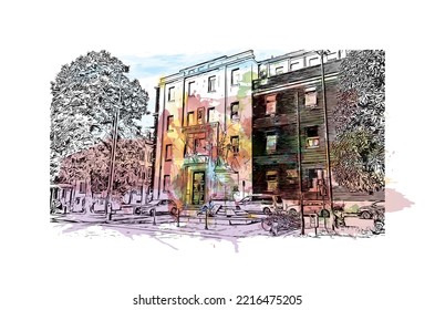 Building view with landmark of Pavia is the 
town in Italy. Watercolor splash with hand drawn sketch illustration in vector.