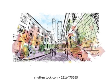 Building view with landmark of Pavia is the 
town in Italy. Watercolor splash with hand drawn sketch illustration in vector.