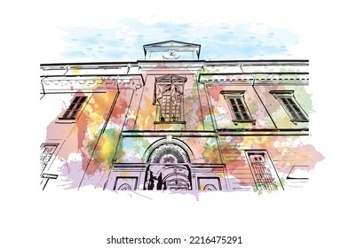 Building view with landmark of Pavia is the 
town in Italy. Watercolor splash with hand drawn sketch illustration in vector.